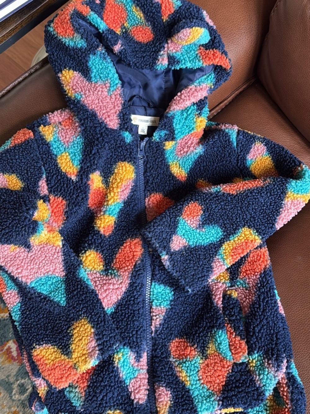 Tucker + Tate Navy Sherpa Hoodie with Pink, Teal, Orange and Yellow Hearts